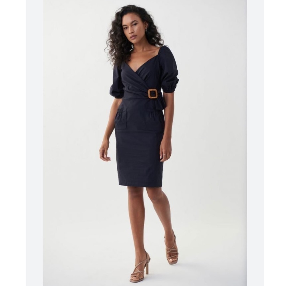 Joseph Ribkoff Faux Wrap Navy Dress Puff Sleeve Rattan Buckle Sz 6 Professional